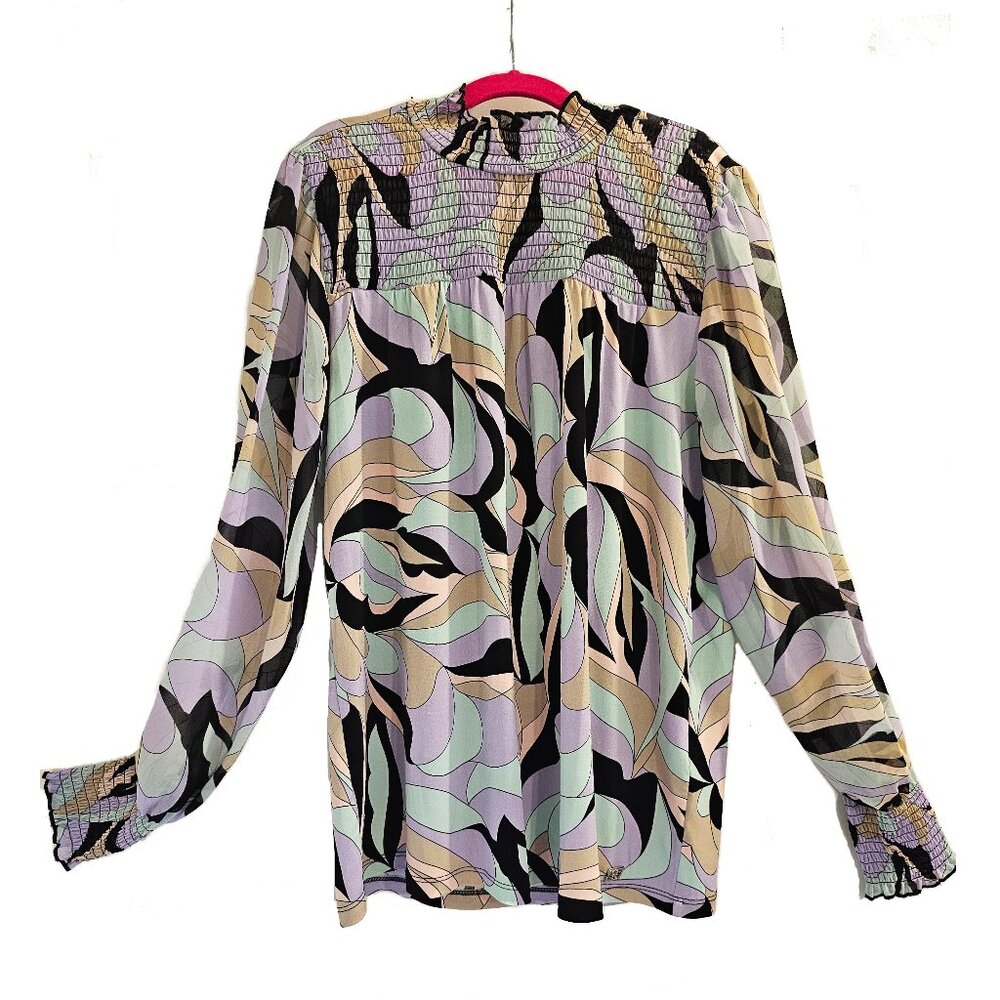 Calvin Klein NWT Mock Neck Multicolor Abstract Print Long Sleeve Blouse Size XS